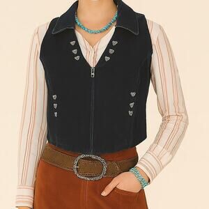 Western Ethics Denim Vest Sz Large Blue Zip Front Heart Studs Sleeveless Retro